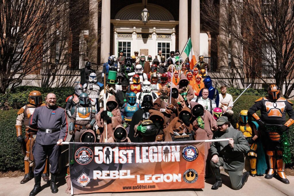 Group photo of cosplayers from multiple Star Wars groups