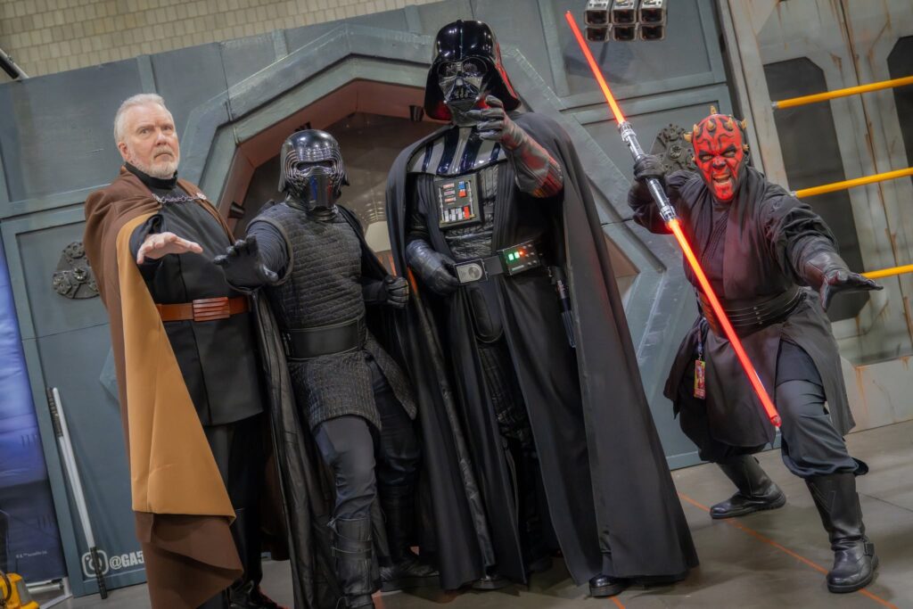 Count Dooku, Kylo Ren, Darth Vader, and Darth Maul side by side